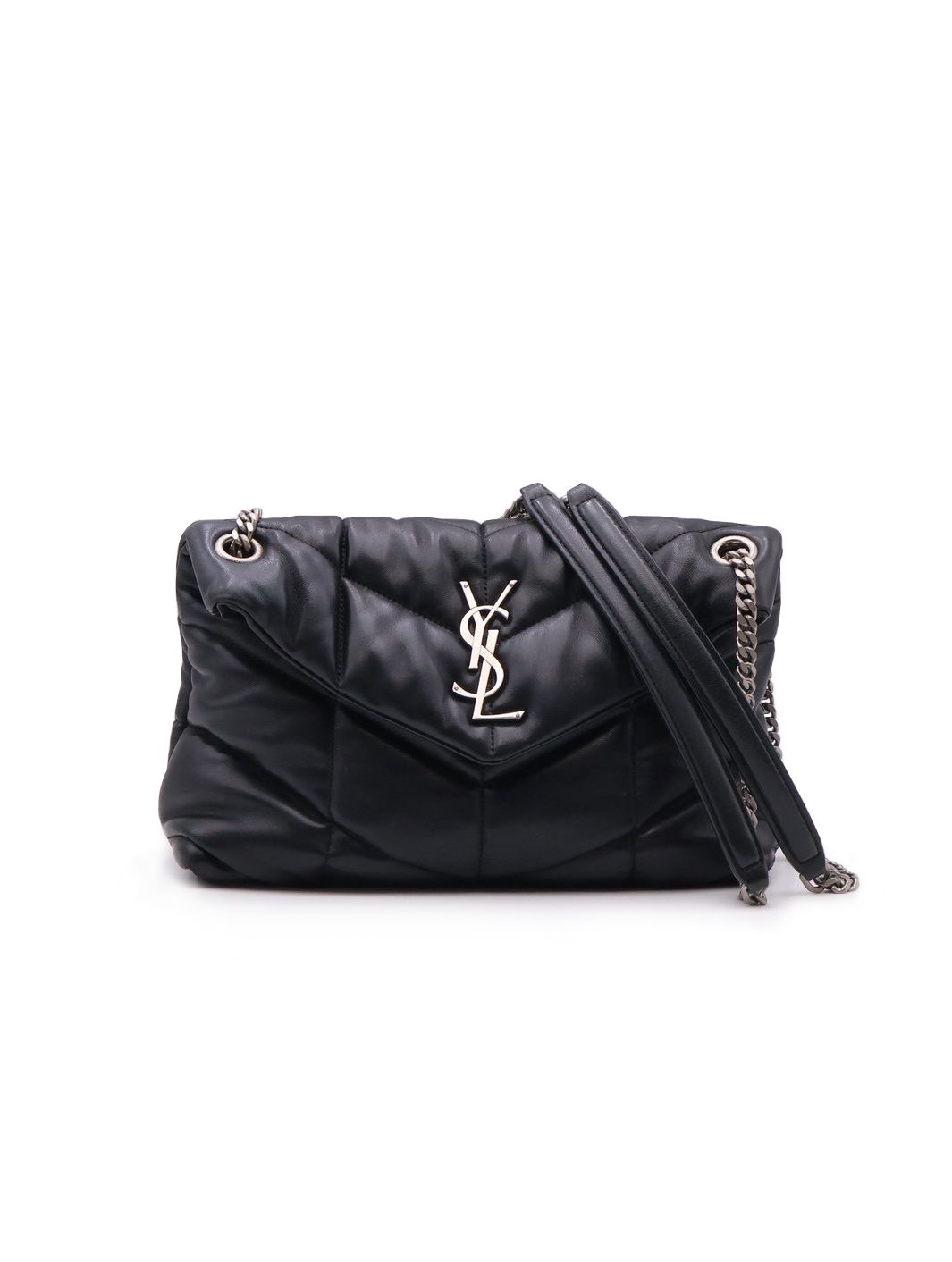 YSL Puffer小羊皮單肩包 - 小號黑銀