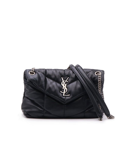 YSL Puffer小羊皮單肩包 - 小號黑銀