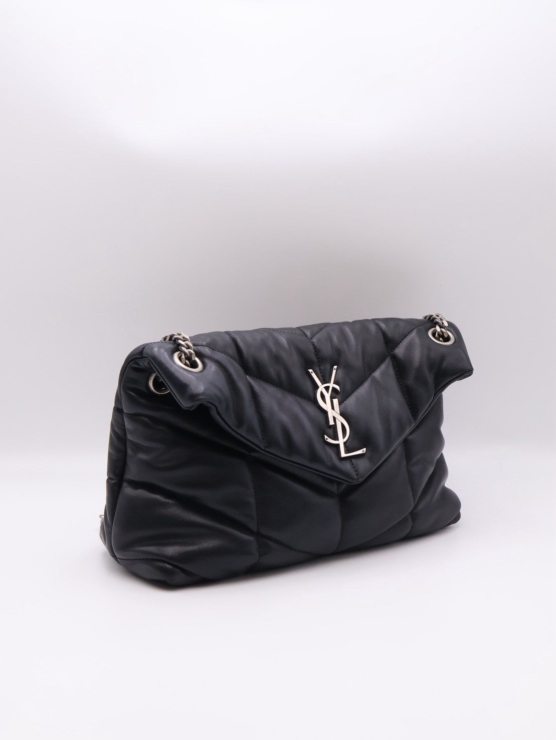 YSL Puffer小羊皮單肩包 - 小號黑銀