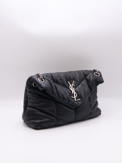 YSL Puffer小羊皮單肩包 - 小號黑銀