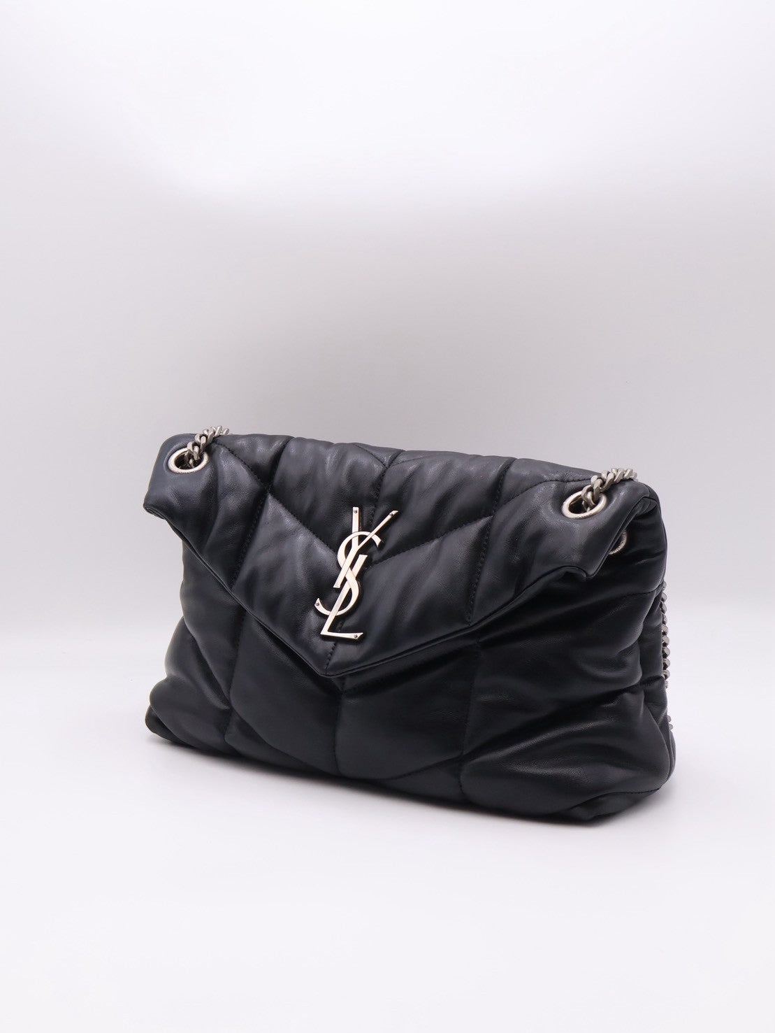 YSL Puffer小羊皮單肩包 - 小號黑銀