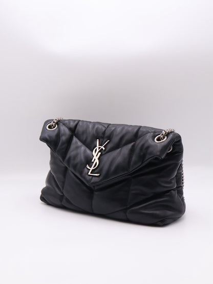 YSL Puffer小羊皮單肩包 - 小號黑銀