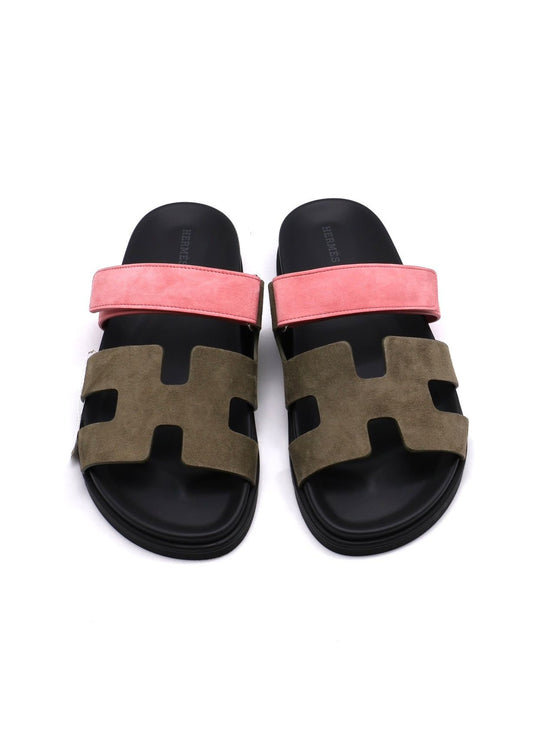 HERMES Chypre 麂皮拖鞋 - 灰綠 / 沙丘粉 41