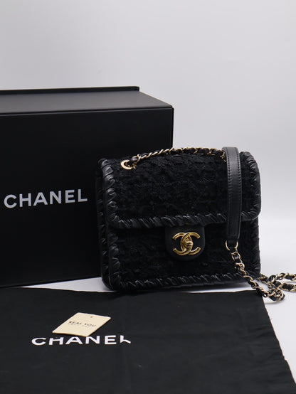 CHANEL 22C滾邊粗毛呢豆腐包 - 小號黑金