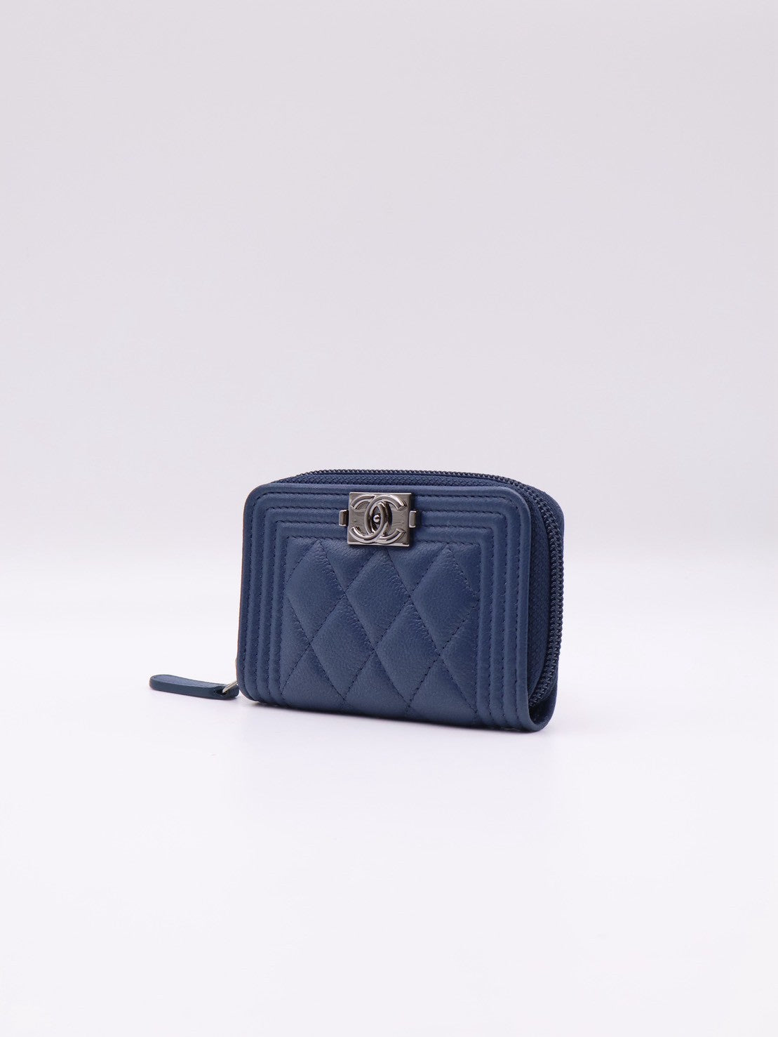 CHANEL Boy牛皮拉鍊零錢包 - 海藍銀24開
