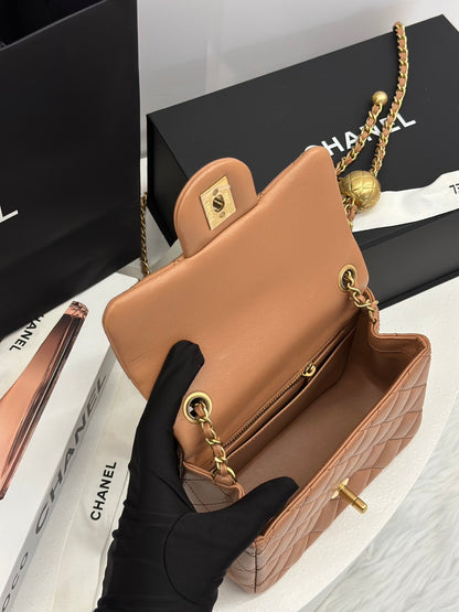 CHANEL 經典口蓋包方胖子 17 - 金球焦糖棕