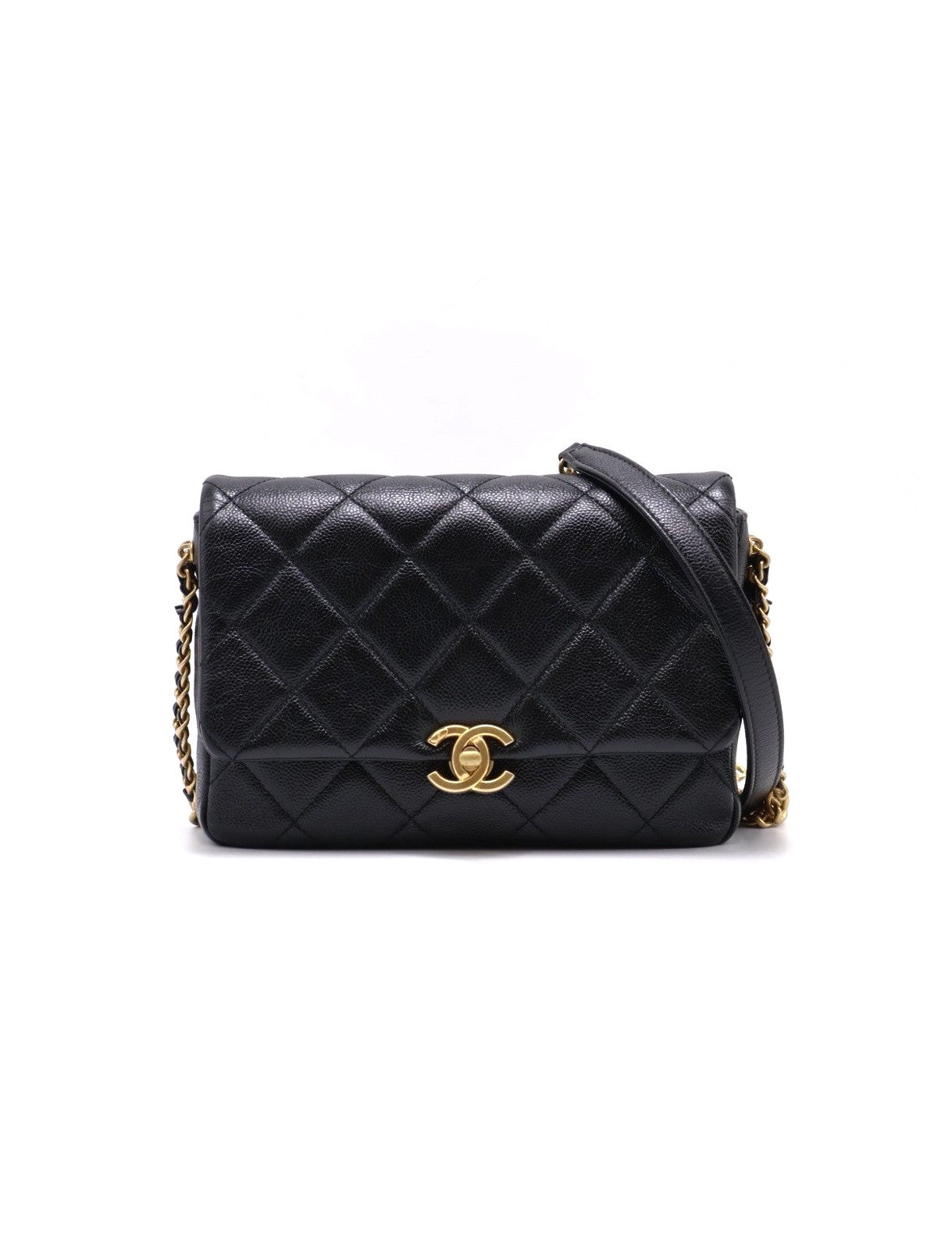 CHANEL 22P粒面牛皮斜背包 - 黑金