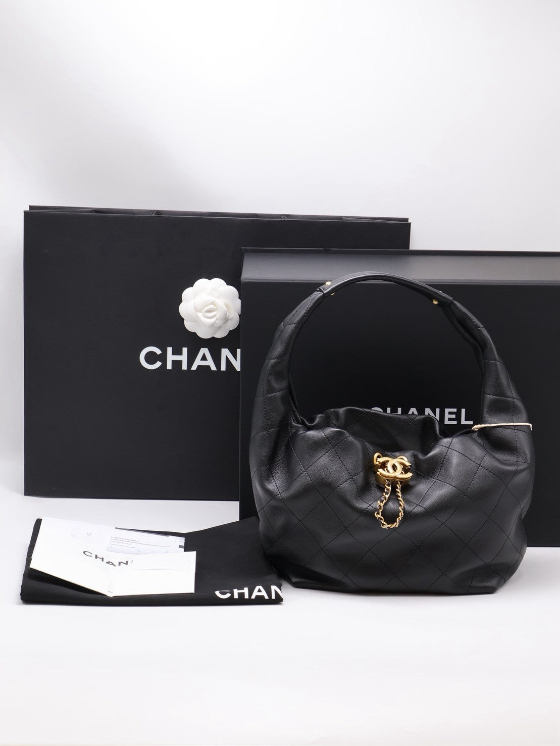 CHANEL 26C牛皮單肩嬉皮Hobo - 小號黑金