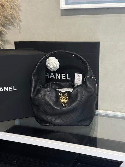 CHANEL 26C牛皮單肩嬉皮Hobo - 小號黑金