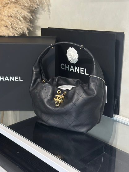 CHANEL 26C牛皮單肩嬉皮Hobo - 小號黑金