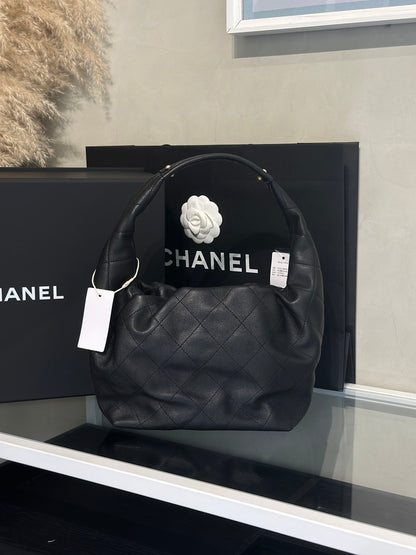 CHANEL 26C牛皮單肩嬉皮Hobo - 小號黑金