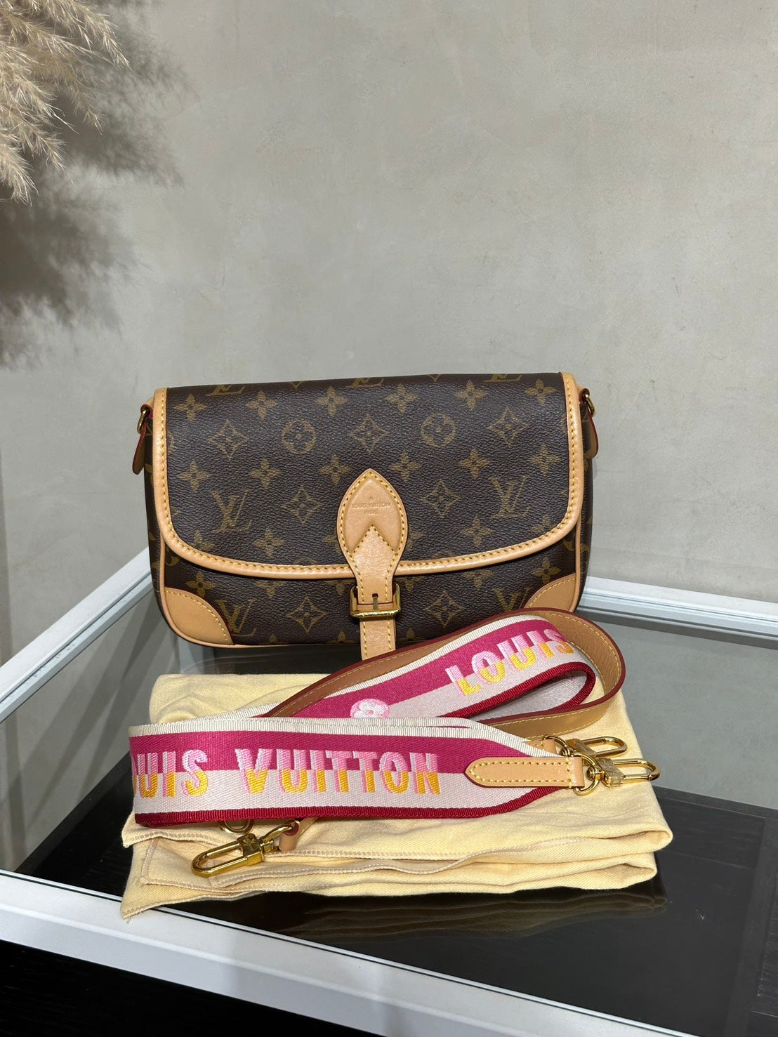 LOUIS VUITTON Diane法棍包 - 紫紅字母背帶