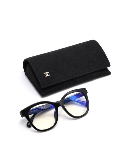 CHANEL 菱格紋鏡腳抗藍光眼鏡 - 黑