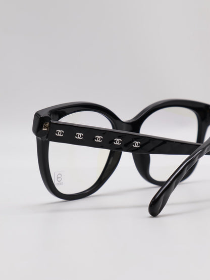 CHANEL 菱格紋鏡腳抗藍光眼鏡 - 黑