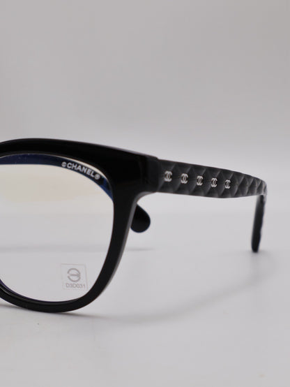 CHANEL 菱格紋鏡腳抗藍光眼鏡 - 黑