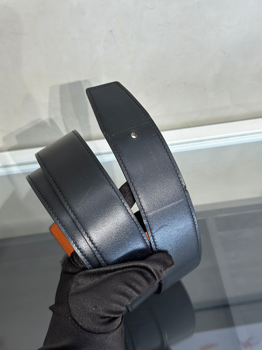 HERMES H銀皮帶釦雙面腰帶 - 黑拚橘 100