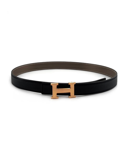 HERMES H玫瑰金皮帶釦雙面腰帶 - 大象灰配黑