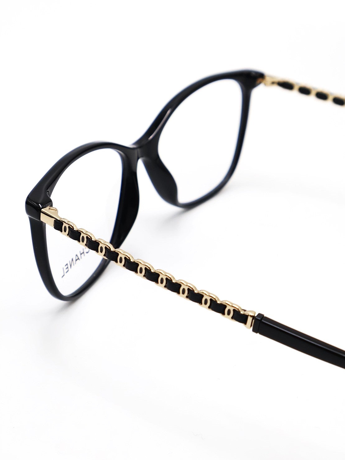CHANEL 雙C皮穿鍊平光眼鏡