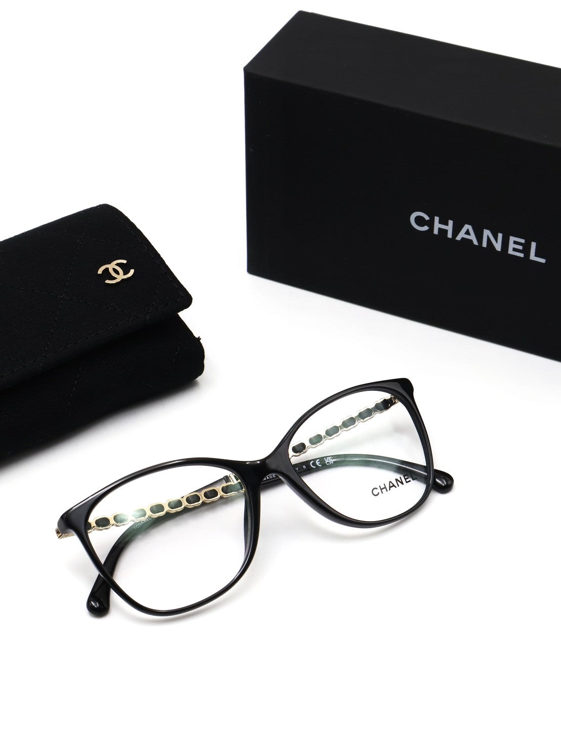 CHANEL 雙C皮穿鍊平光眼鏡
