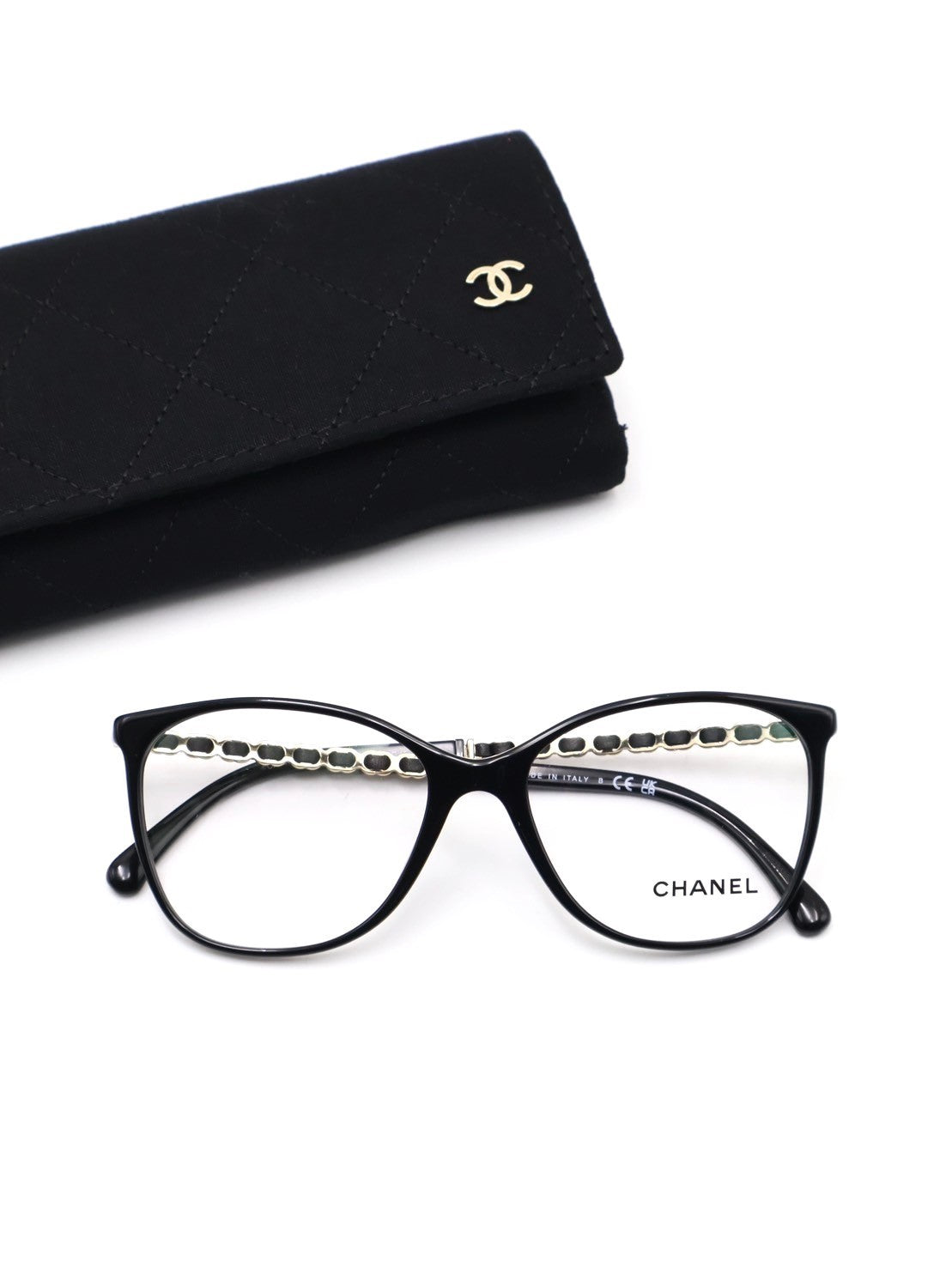 CHANEL 雙C皮穿鍊平光眼鏡
