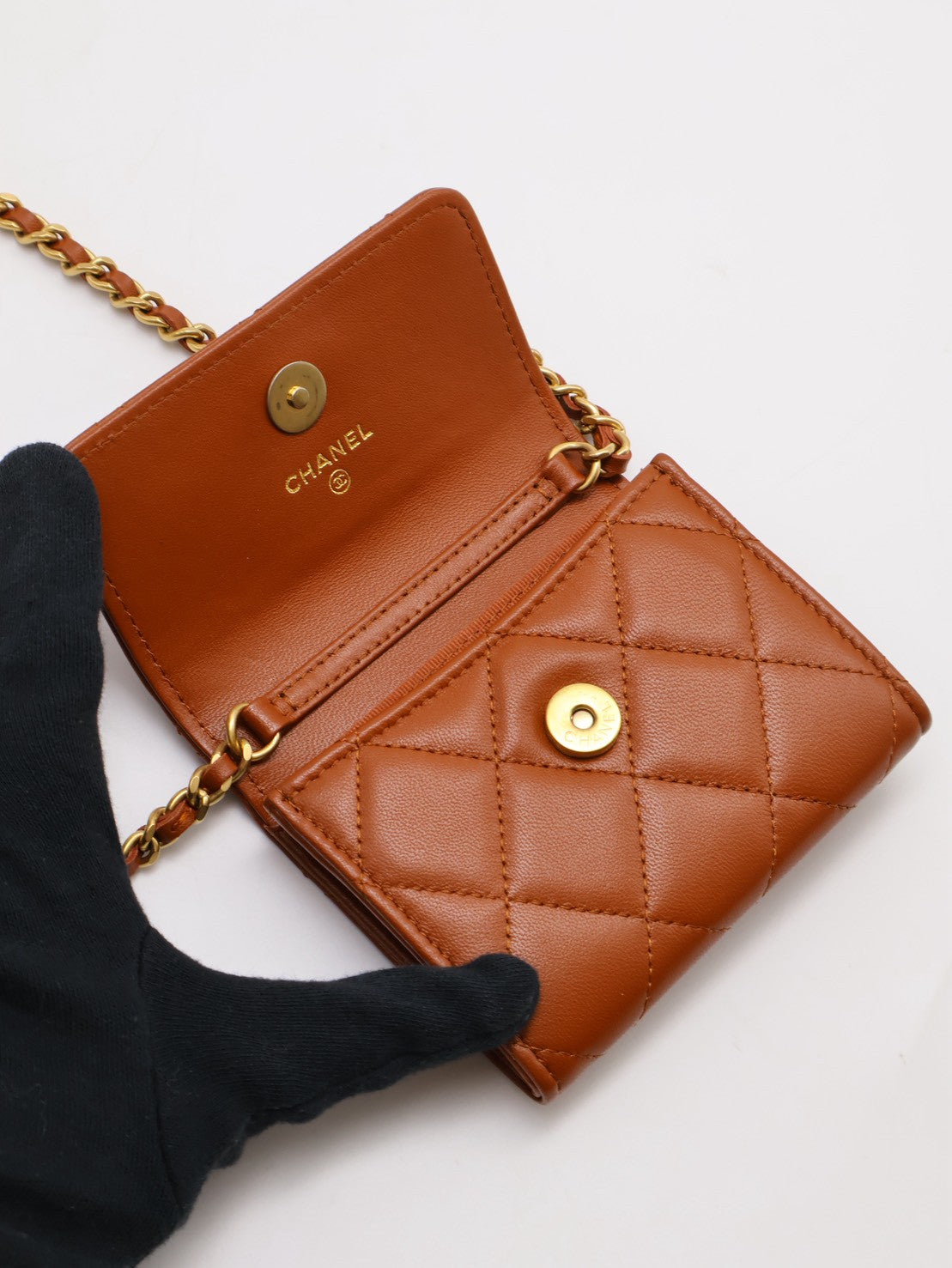 CHANEL 23A雙層小鍊包 - 焦糖棕金