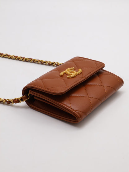 CHANEL 23A雙層小鍊包 - 焦糖棕金