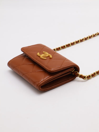 CHANEL 23A雙層小鍊包 - 焦糖棕金