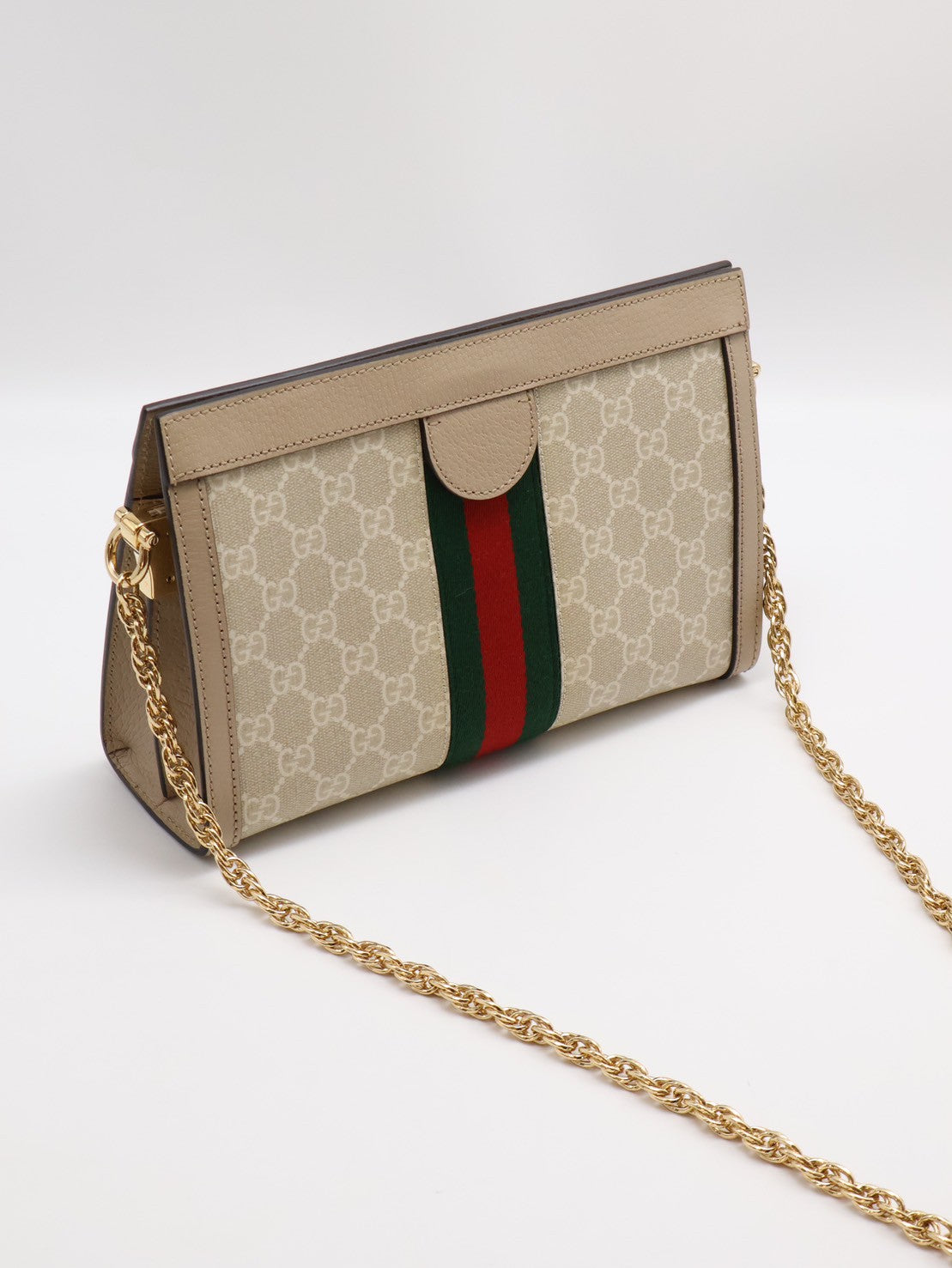 GUCCI Ophidia紅綠織帶夾子包- 中號米