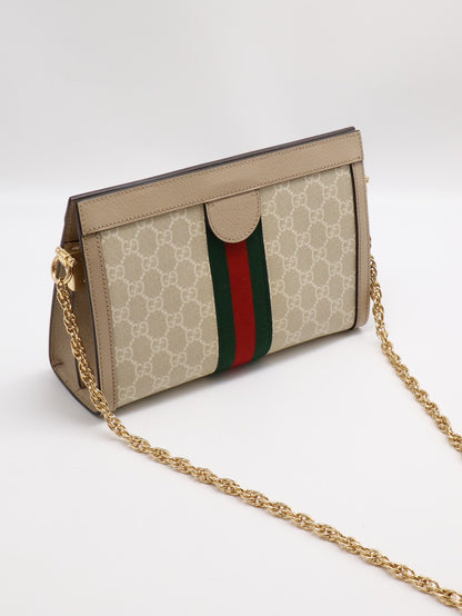 GUCCI Ophidia紅綠織帶夾子包- 中號米