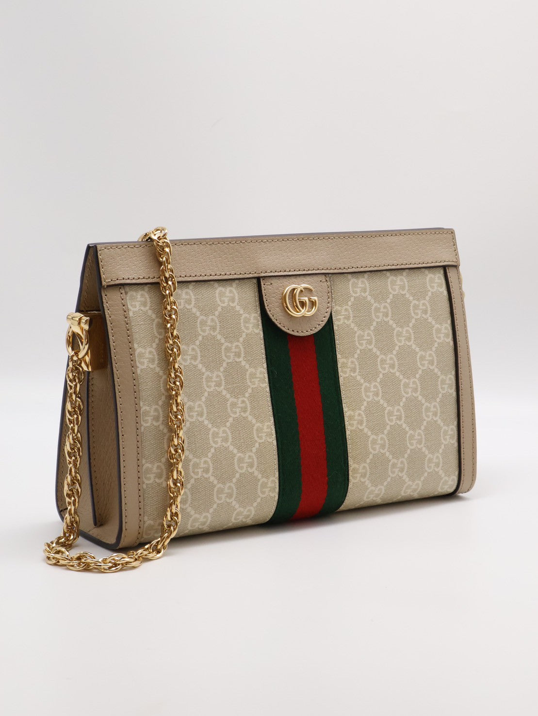 GUCCI Ophidia紅綠織帶夾子包- 中號米