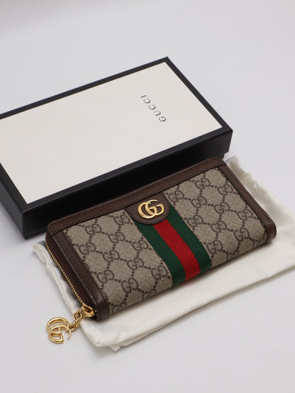GUCCI Ophidia紅綠織帶拉鍊長夾 - 烏木