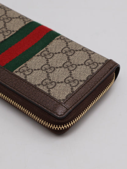 GUCCI Ophidia紅綠織帶拉鍊長夾 - 烏木