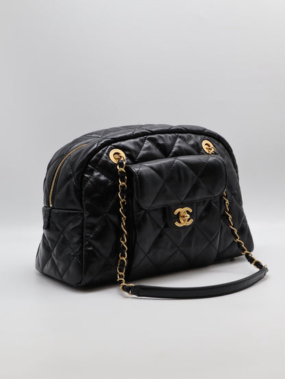 CHANEL 皺摺小牛皮保齡球包 - 大號黑金