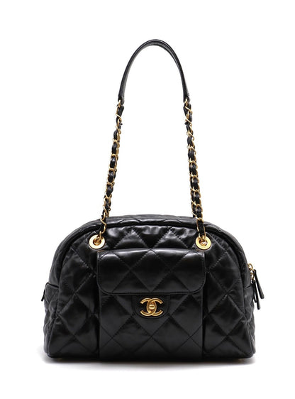 CHANEL 皺摺小牛皮保齡球包 - 大號黑金