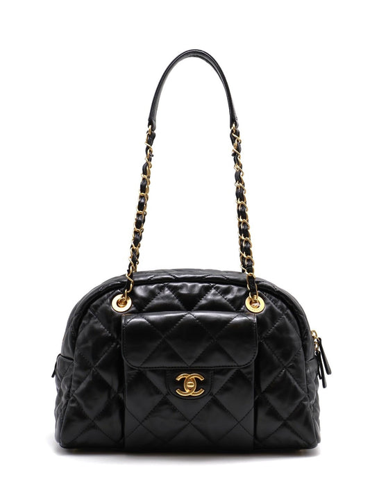 CHANEL 皺摺小牛皮保齡球包 - 大號黑金