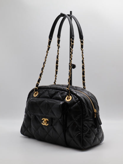 CHANEL 皺摺小牛皮保齡球包 - 大號黑金