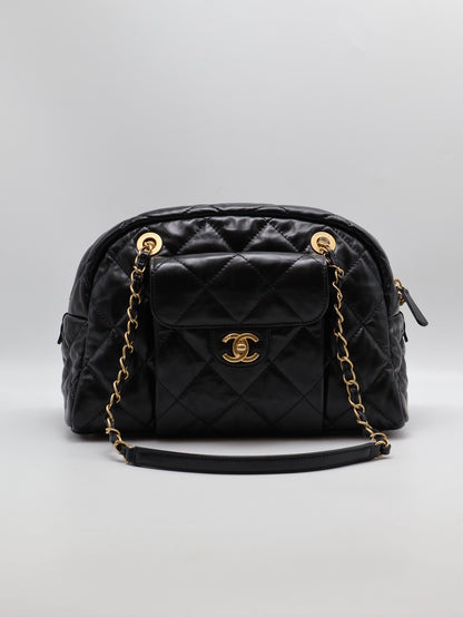 CHANEL 皺摺小牛皮保齡球包 - 大號黑金