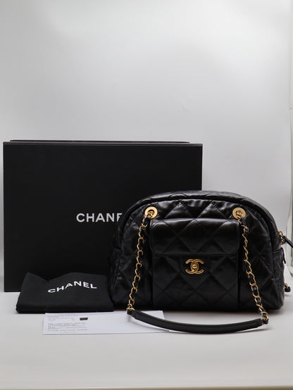 CHANEL 皺摺小牛皮保齡球包 - 大號黑金