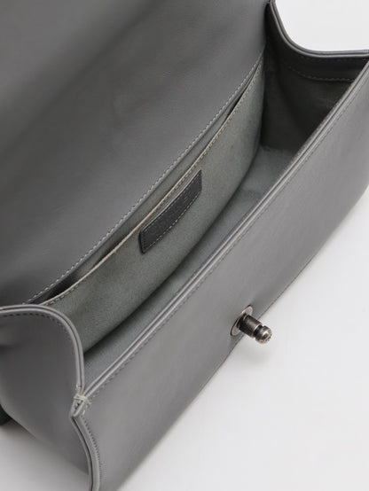 CHANEL Boy25 V紋牛皮口蓋包 - 水泥灰銀25開