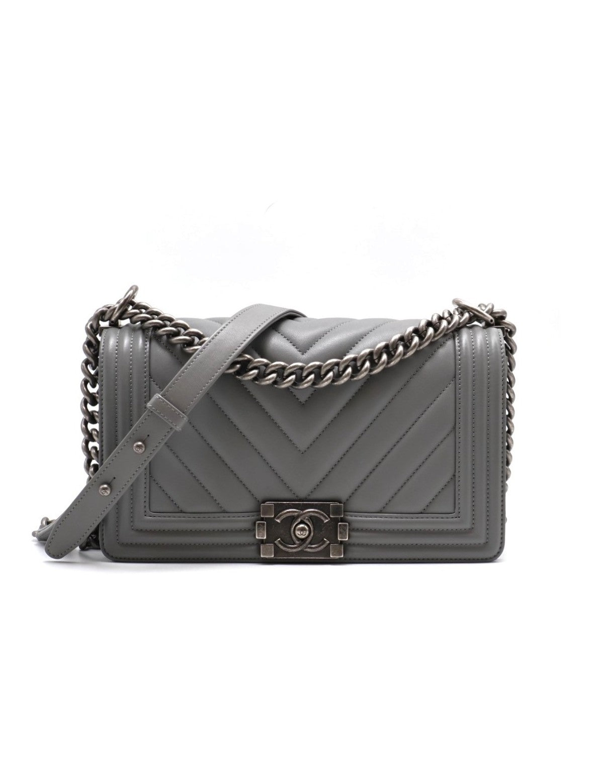 CHANEL Boy25 V紋牛皮口蓋包 - 水泥灰銀25開