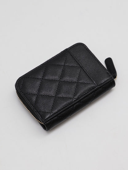 CHANEL 粒面牛皮拉鍊零錢卡包 - 黑金31開