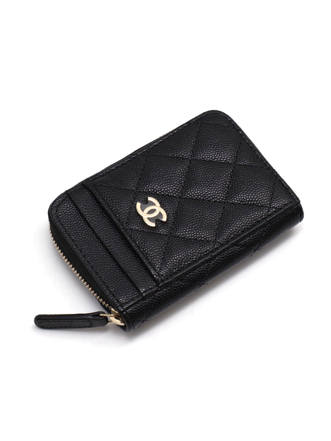 CHANEL 粒面牛皮拉鍊零錢卡包 - 黑金31開