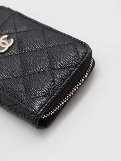 CHANEL 粒面牛皮拉鍊零錢卡包 - 黑金31開