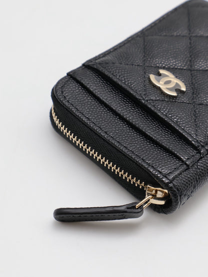 CHANEL 粒面牛皮拉鍊零錢卡包 - 黑金31開