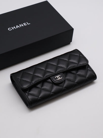 CHANEL 經典口蓋長夾 - 粒面牛皮黑銀