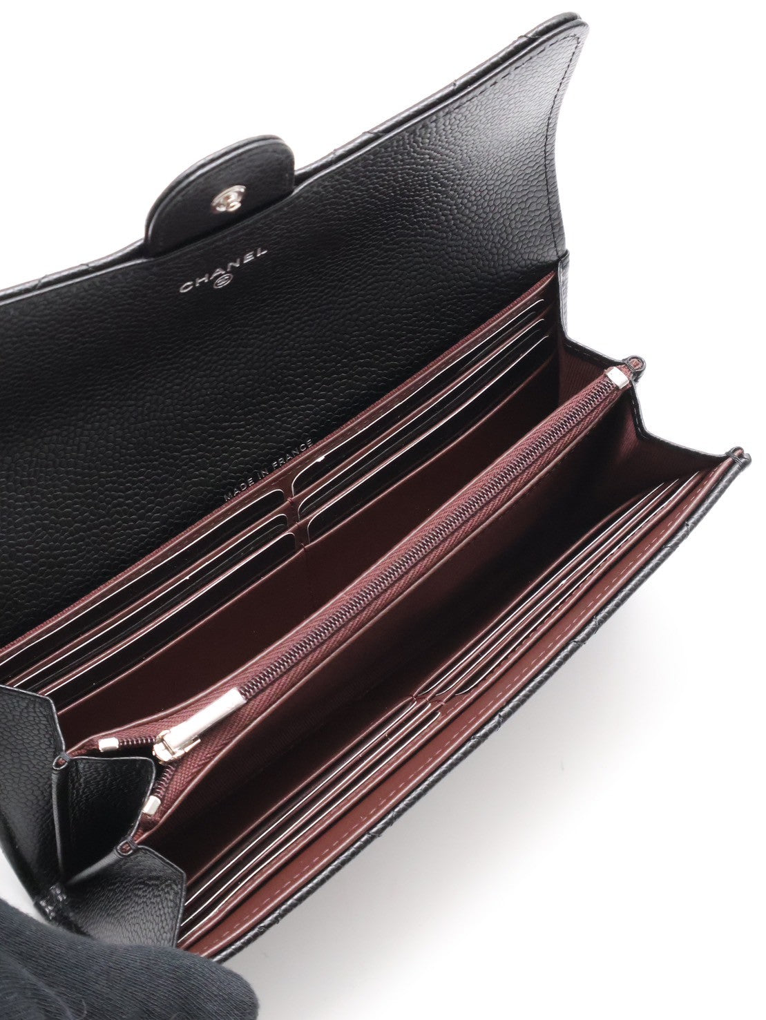 CHANEL 經典口蓋長夾 - 粒面牛皮黑銀