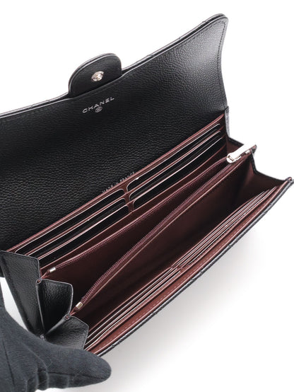 CHANEL 經典口蓋長夾 - 粒面牛皮黑銀