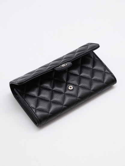 CHANEL 經典口蓋長夾 - 粒面牛皮黑銀