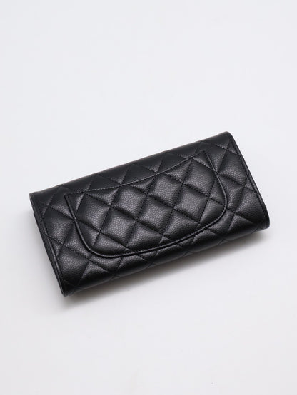 CHANEL 經典口蓋長夾 - 粒面牛皮黑銀