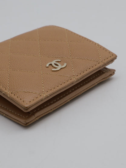 CHANEL 雙折粒面牛皮短夾 - 焦糖金
